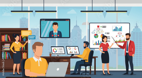 Professional vector illustration of a dynamic team collaborating and presenting data in a modern office setting