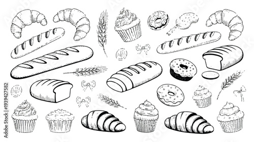 hand drawn bakery products and bread illustrations on white background