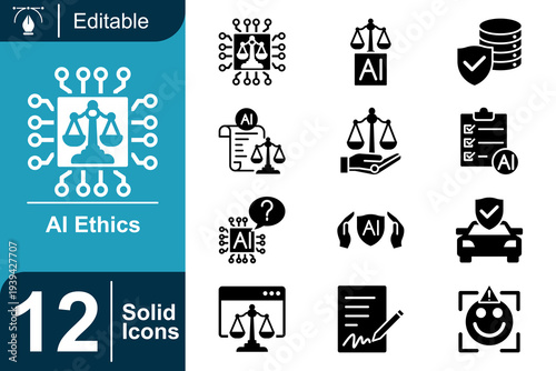 AI Ethics Icons Solid Icons Representing Justice, Technology, Security, and Decision-Making in Artificial Intelligence