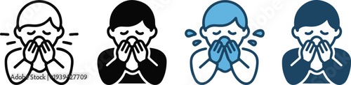 Person sneezing icon set. Person sneezing with droplets, indicating a cold or allergic reaction isolated on white background. Vector illustration.
