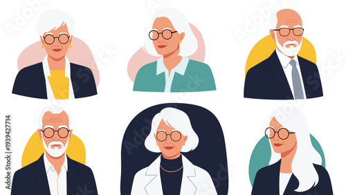 Collection of portraits showing diverse senior men and women with white hair wearing professional business attire.