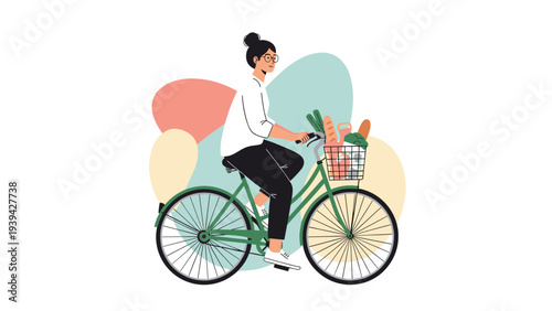 Young woman riding a green bicycle with a basket full of fresh groceries and bread in an outdoor setting.