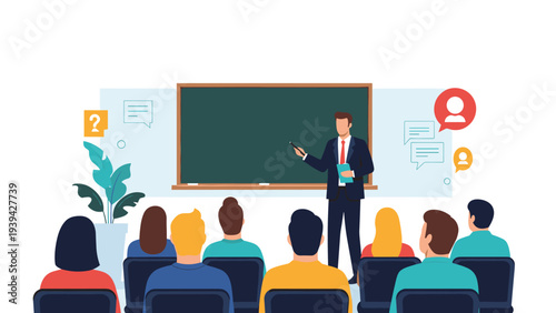 Professional male teacher explaining a lesson on a chalkboard to a diverse group of students in a classroom setting.