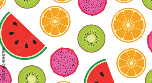 Tropical Fruit Food Pattern Vector Seamless Background with Watermelon, Kiwi, Orange, Dragon Fruit