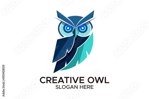 Modern stylized blue owl illustration with glowing eyes, representing wisdom, knowledge, and insightful vision for a contemporary brand identity and creative ventures