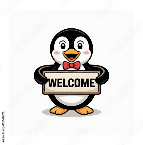 Charming Penguin Welcomes: A friendly penguin extends a warm welcome, holding a sign that radiates cheerfulness and invitation. This image captures the essence of hospitality and goodwill.