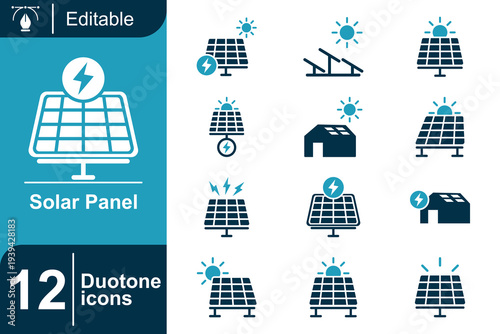 Solar panel icons in duotone style for eco-friendly energy generation and sustainable technology, representing renewable power and clean electricity solutions