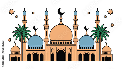 Islamic mosque with blue domes and minarets and palm trees and stars