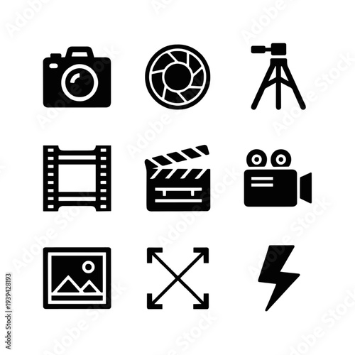 Collection of black icons representing photography and filmmaking equipment and techniques on a clean background