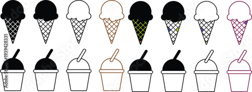 Ice Cream Cone and Sundae Icon Collection with Waffle Cones and Gelato Cups in Various Outline Styles