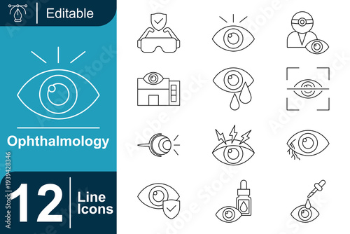 Collection of twelve editable line icons related to ophthalmology, eye care, vision testing, and medical equipment for eye health services