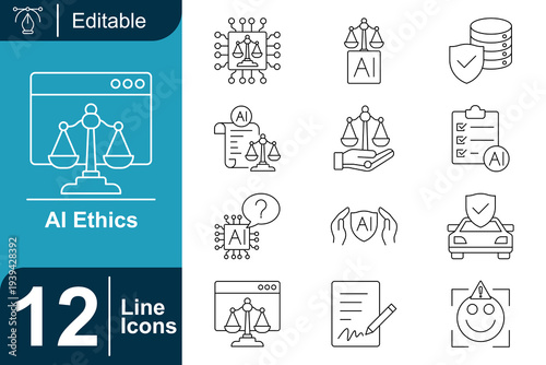 Set of AI Ethics Line Icons representing fairness, security, legal documents, responsibility, and AI's impact on society and technology