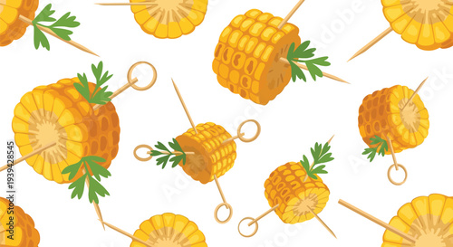 Grilled Corn on Skewers Vector Food Pattern Seamless Background for Summer BBQ Design