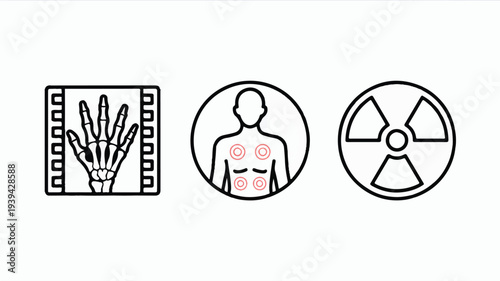medical icons set including xray film hand with skeleton and radiation symbol