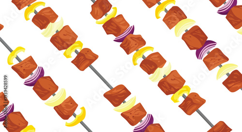 Grilled Skewers Vector Food Pattern with Vegetables and Meat Seamless Background Design