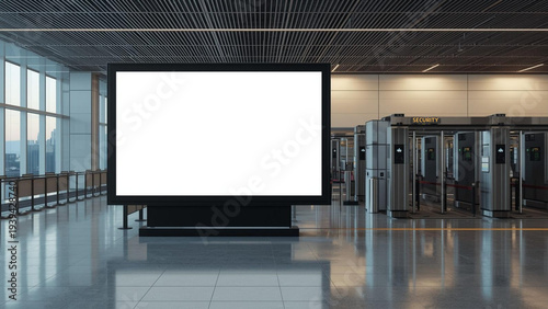 Blank advertising billboard near airport security checkpoint in modern terminal interior. Digital marketing display mockup for travel advertising, transportation promotion and airport commercial media