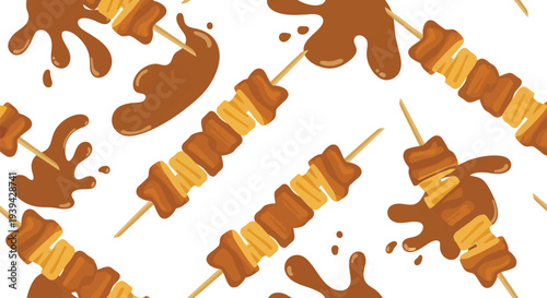 Seamless Skewered Snack Vector Food Pattern with Chocolate Dipping Sauce on White Background