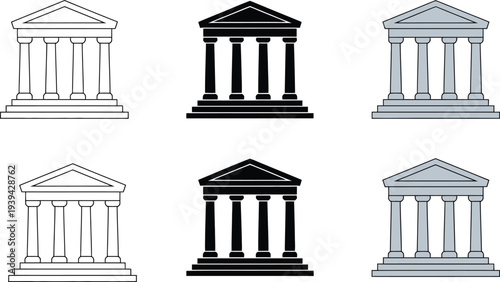 Classical Architecture Building Icon Set with Columns and Pediment for Courthouse, Bank, or University Library