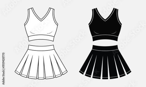 Cheerleading Uniform Vector Set with Pleated Skirt and Crop Top Tank in Outline and Solid Black Silhouettes
