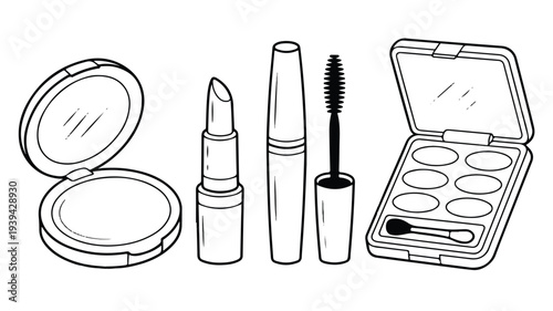 sketch of various makeup products on white background