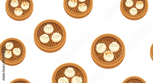 Asian Dumpling Food Pattern Vector Seamless Background with Steamed Buns in Bamboo Baskets