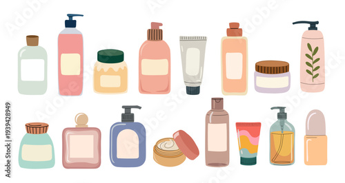 Flat vector illustration of assorted skincare and cosmetic products including bottles, jars, pumps, and tubes. Pastel beauty packaging collection arranged on transparent background.