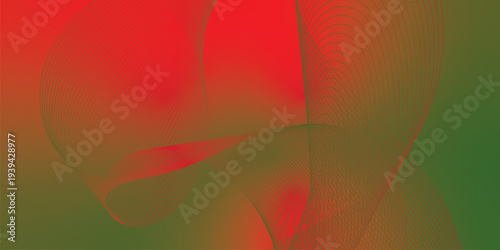 Flowing red, green, and black glowing ribbons twisting over a dark, moody background sprinkled with tiny sparkling particles, futuristic digital technology scene, vector style.