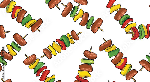 Grilled Skewers Food Pattern Vector Seamless BBQ Background for Summer Design Projects