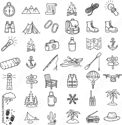 Summer camp and wilderness travel elements, rustic sketch style forest activity and equipment icons.