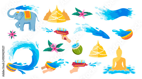 Songkran Thailand New Year Water Festival Flat Vector Set