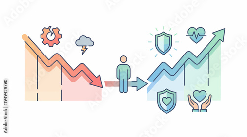 Graphic representation of financial downturn and subsequent recovery with focus on personal well-being and security