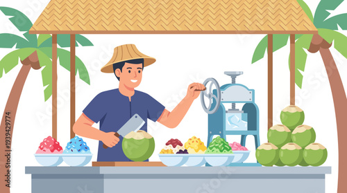 Tropical street vendor prepares refreshing shaved ice treats with coconuts and fruits