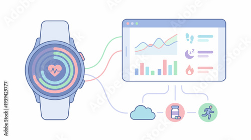 Smartwatch health monitoring system illustrating fitness data analysis and synchronized wearable technology for well-being