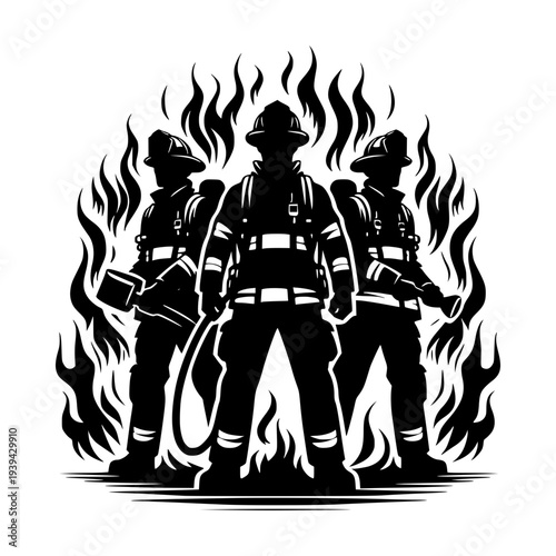 Guardians of Valor: A silhouette of three firefighters, standing strong amidst roaring flames, embodies bravery and service, ready to confront the inferno with unwavering resolve.