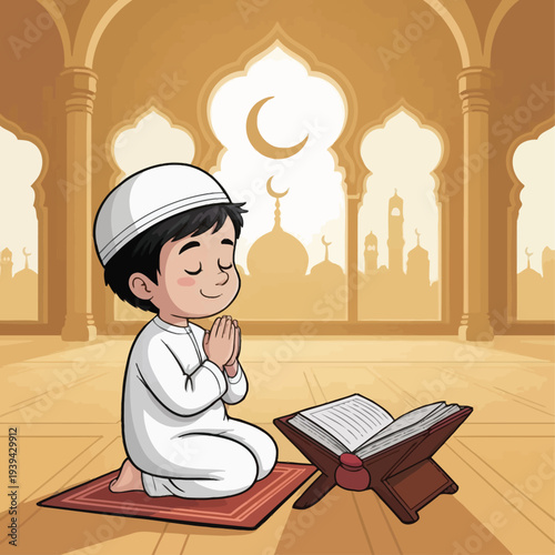 Cartoon illustration of a boy reading quran at a mosque for learning and education