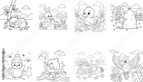 Cute Animals Coloring Pages: Panda, Bunny, Duck, Lamb, Penguin