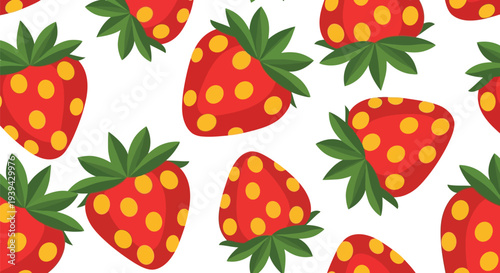 Strawberry Food Pattern Vector Seamless Background with Red Fruit and Green Leaves