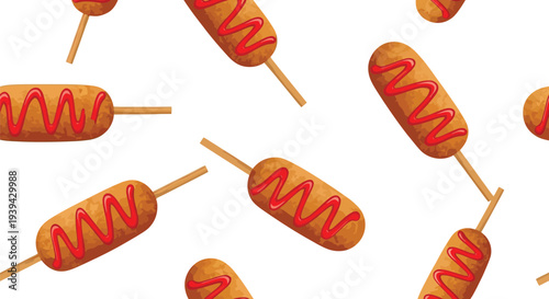 Seamless corn dog vector food pattern with ketchup on white background for fast food design