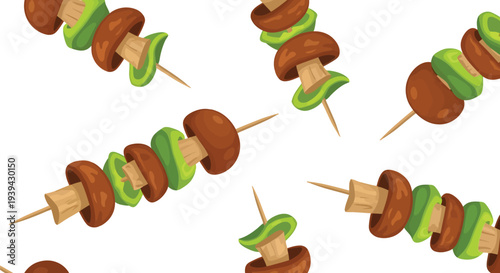 Vegetarian Skewers Food Pattern Vector Seamless Background with Mushrooms and Peppers