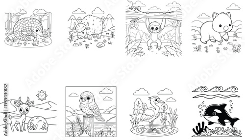 Unique Animals Coloring Pages: Pangolin, Wombat, Sloth, Dolphin