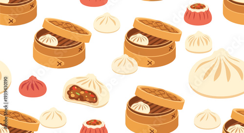 Asian dumplings seamless food pattern vector with steamed buns and bamboo baskets