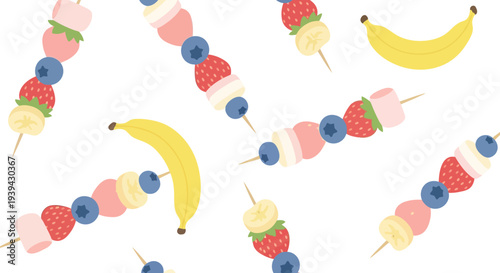 Seamless vector food pattern with fruit skewers, bananas, strawberries, blueberries, marshmallows