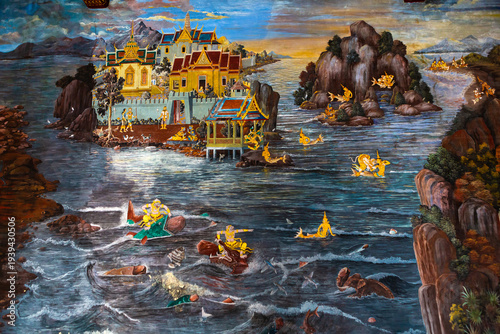 Tableau sur toile Ancient mural painting with scene from the Ramakien at Wat Phra Kaew or Emerald