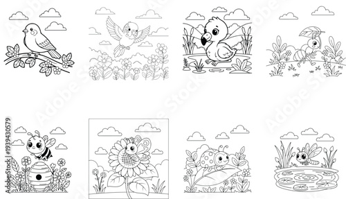 Cute Insects and Birds Coloring Pages: Ant, Bee, Ladybug, Swan