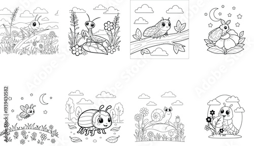 Cute Grasshopper and Flowers Coloring Page