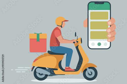 Delivery rider on a scooter with a gift and a smartphone display
