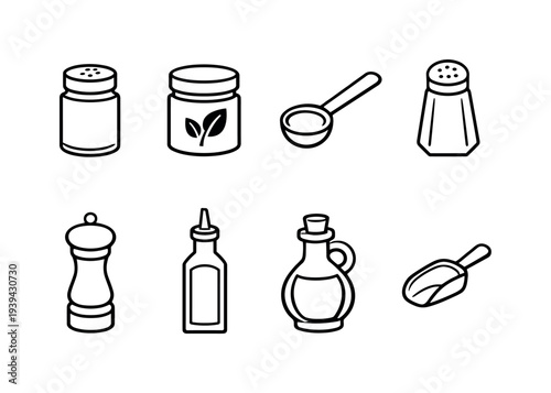 Collection of kitchen condiment and spice containers in a simple line art style