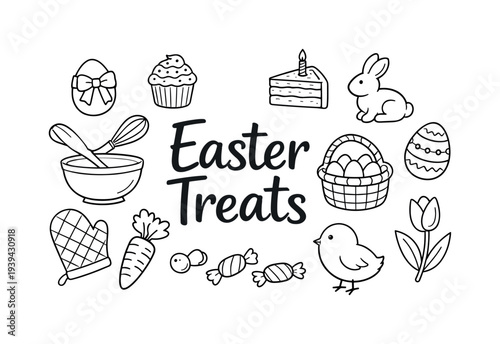 Easter Treats doodle art with cute bunny, chick, eggs, and baking elements