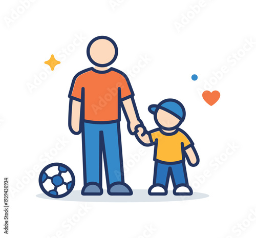 Father and son holding hands with soccer ball and heart icons