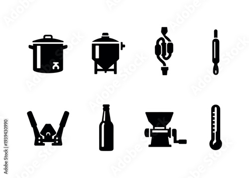 Collection of black icons representing home brewing equipment and tools